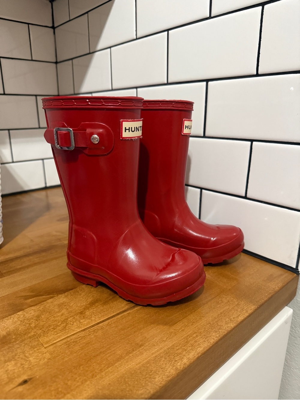 Hunter Kids Bright Red Waterproof Rain Boots with Side Buckle